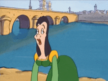 a cartoon of a woman in a green dress standing in front of a river