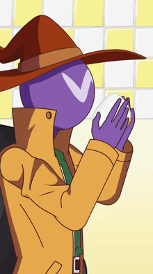 a cartoon character with a purple head is wearing a hat