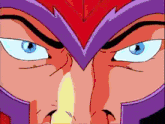 a close up of magneto 's face with blue eyes