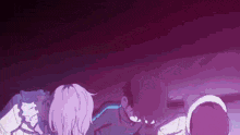 a group of people standing next to each other in a dark room with purple lights .