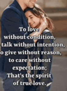 a man and a woman hugging each other with a quote .