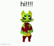 a green cat is dancing and saying hi