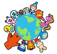 a group of cartoon characters are standing around a globe with their hands on it