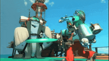 a cartoon character is holding a frisbee while another character stands behind him