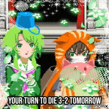 a pixel art of a girl in a green top hat and a boy in an orange cat costume