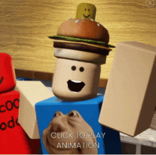 a roblox character with a hamburger on his head and the words click to play animation below him
