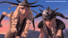 two cartoon characters wearing horned helmets are standing next to each other and smiling .