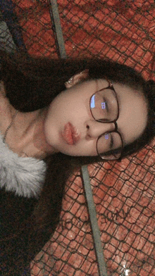 a woman wearing glasses has a reflection of a fence in her eyes