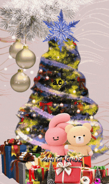 an animated image of a christmas tree with a bunny and a teddy bear underneath it