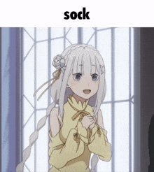 a picture of a girl with white hair and the word sock below her