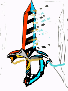 a colorful drawing of a sword with a striped blade