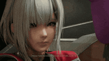 a girl in a video game is talking to a purple stuffed animal