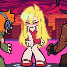 a cartoon drawing of a girl in a red dress and red shoes