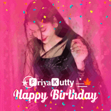 a pink background with a girl and the words happy birthday