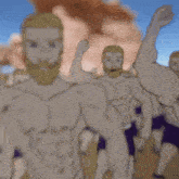 a drawing of a shirtless man with a beard in front of a mountain