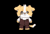 a cartoon dog wearing a vest and glasses stands in front of flames