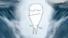 a drawing of a person standing in front of a waterfall with a waterfall in the background