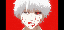 a white haired anime character with blood on his face