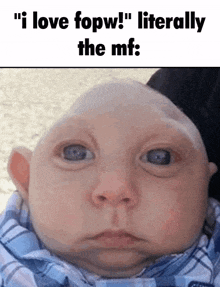 a baby with a very large head and the words " i love fopw literally the mf " on the bottom