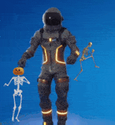 a skeleton with a pumpkin on its head stands next to a man in a space suit