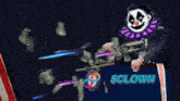 a man in a suit with a clown on his head is holding a gun in front of a podium that says $clown