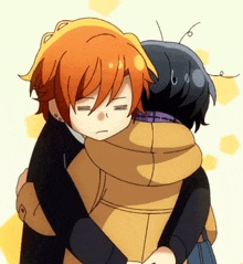a boy with red hair is hugging another boy with black hair ..