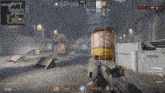 a screenshot of a video game shows a player holding a gun in a warehouse