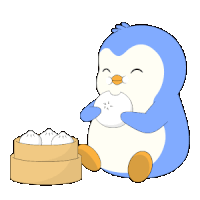 a blue and white penguin is eating dumplings from a basket
