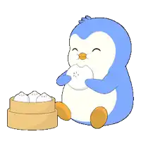 a blue and white penguin is eating dumplings from a basket