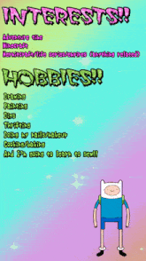 a cartoon character is standing in front of a list of interests and hobbies