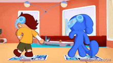 a cartoon of a boy and a blue dog dancing on a dance mat with giffruit.com written on the bottom
