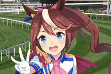 a girl with long hair and blue eyes is giving the peace sign