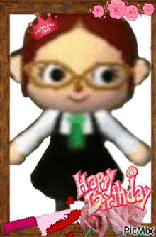 a picture of a doll with glasses and a birthday girl crown on her head
