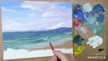 a painting of a beach is being painted by a person with the words made in animotica below it