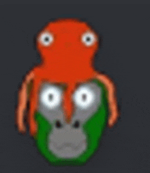 a cartoon of an octopus with a green face and white eyes on a dark background .