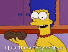 a cartoon of marge simpson holding a potato with the words i just think they 're neat below her