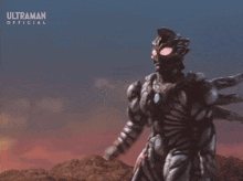 a cartoon character from ultraman official is holding a pink sphere in his hand