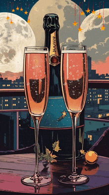 a bottle of champagne sits next to two glasses