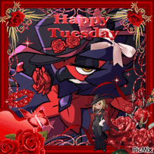 a picture of a cartoon character with the words happy tuesday