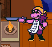 a pixel art of a person holding a gun and wearing an apron that says kiss the ass .