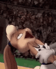 a close up of a cartoon character eating another cartoon character on a baseball field .