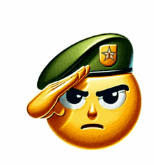 a yellow smiley face wearing a green beret salutes
