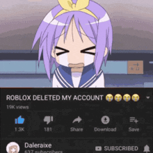 a girl with purple hair and a yellow bow on her head is crying in front of a screen that says roblox deleted my account
