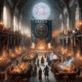 a large group of people are gathered in a large room with a banner that says creed