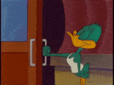 a cartoon duck is opening a door next to a rabbit holding a book