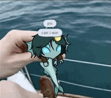 a person is holding a drawing of a mermaid with the words pls can i win above it
