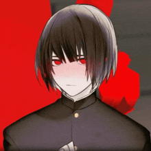 a boy with black hair and red eyes looks angry