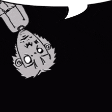 a black and white drawing of a person hanging upside down with a speech bubble behind them .