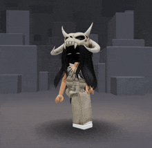 a girl is wearing a skull hat with horns on her head