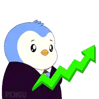 a penguin in a suit and tie is holding a green arrow and the word pengu is on the bottom